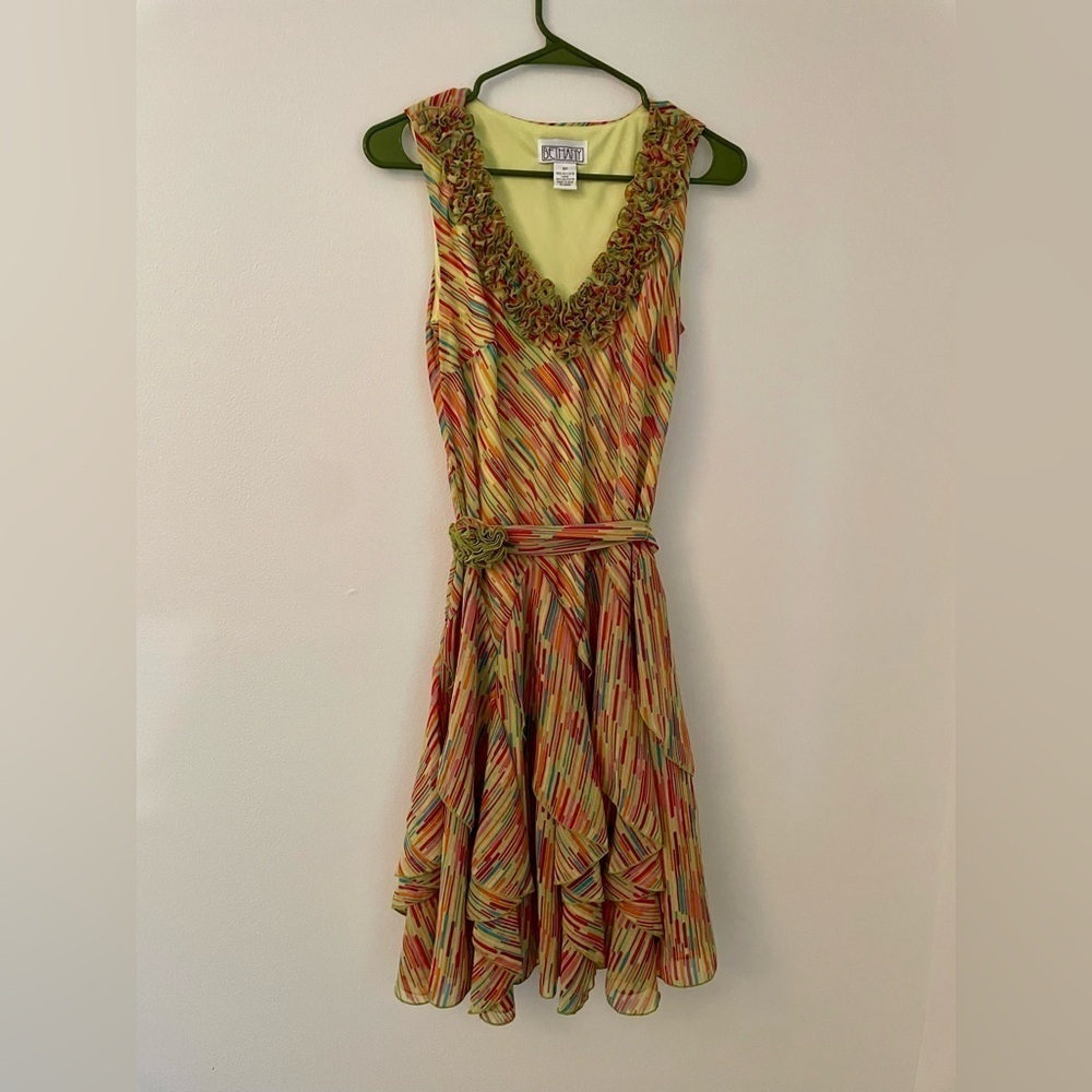 Vintage Y2K Bethany Multicolor Stripe Rosette Asymetrical Handkerchief Hem Dress